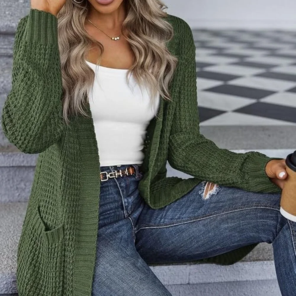 Zeagoo Womens Open Front Green Chunky Knit Batwing Sleeve Long Cardigan‎ Size S